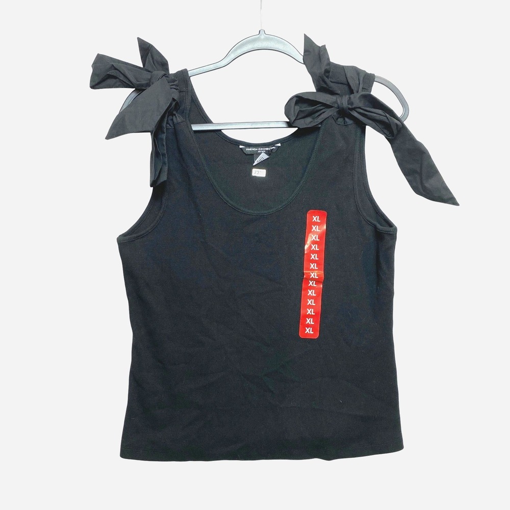 French Connection Tank Top Womens XL Black Ribbed Detail shoulder Tie
